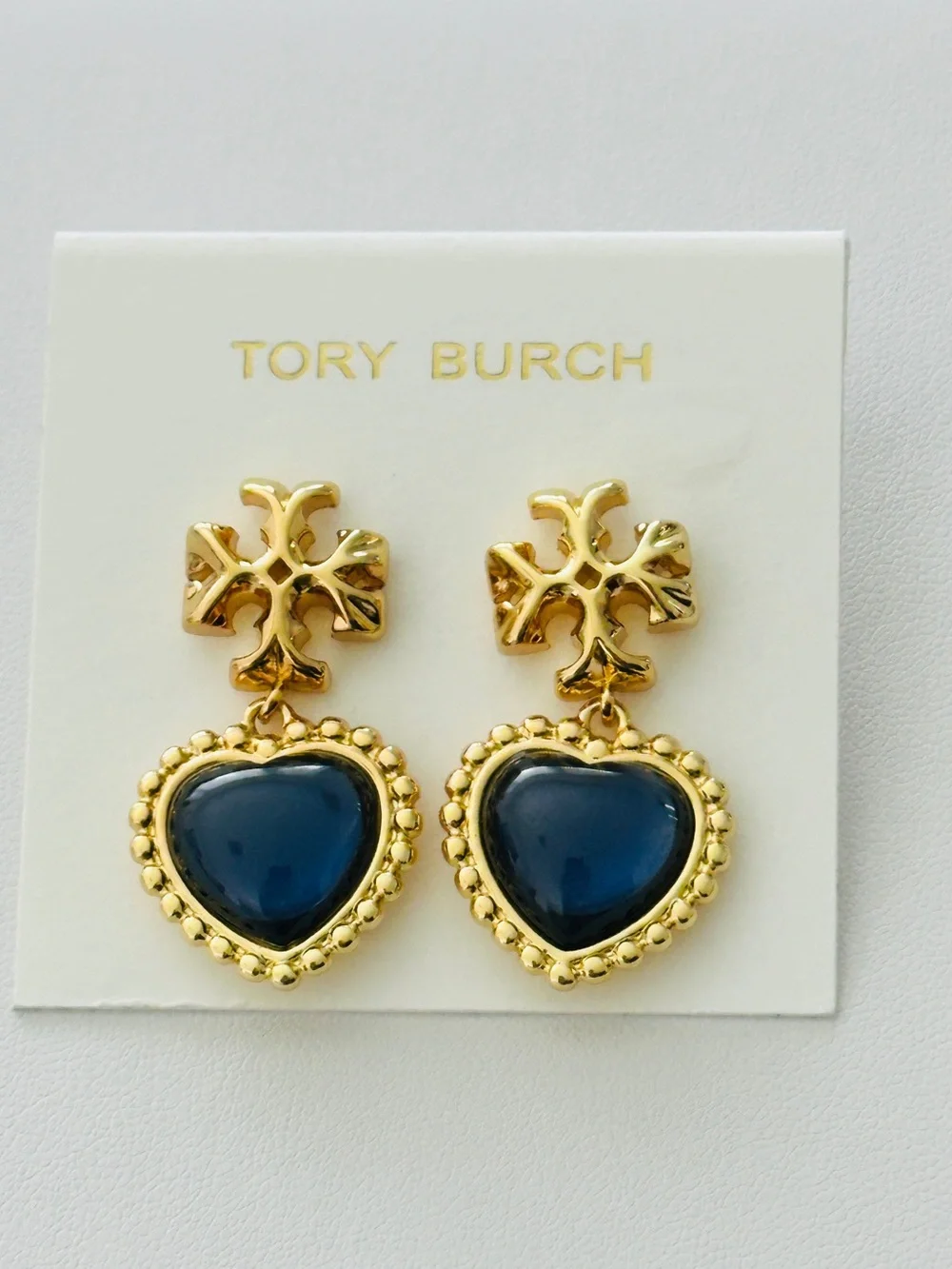 Tory Burch Gold-Tone Drop Earrings with Navy Heart Cabochons